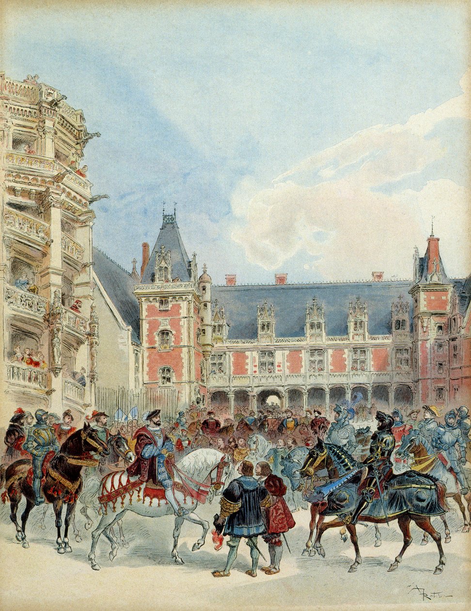 Dvůr Františka I. (1494-1547) na královském hradě Blois, před rokem 1524. Ilustrace od Albert Robida