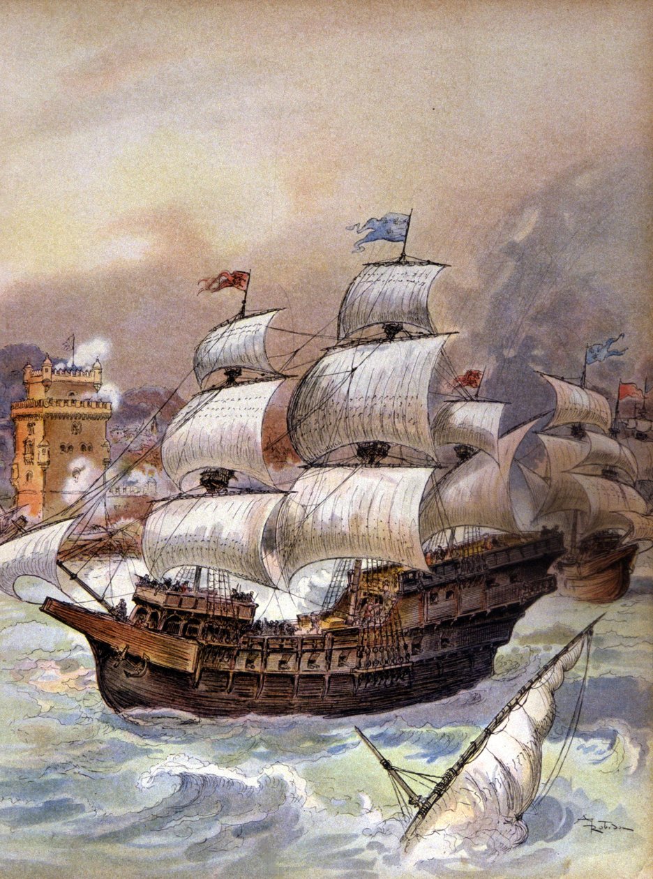 Flotila Jean Ango blokuje Tagus a ohrožuje Lisabon, kolem roku 1909 (ilustrace) od Albert Robida