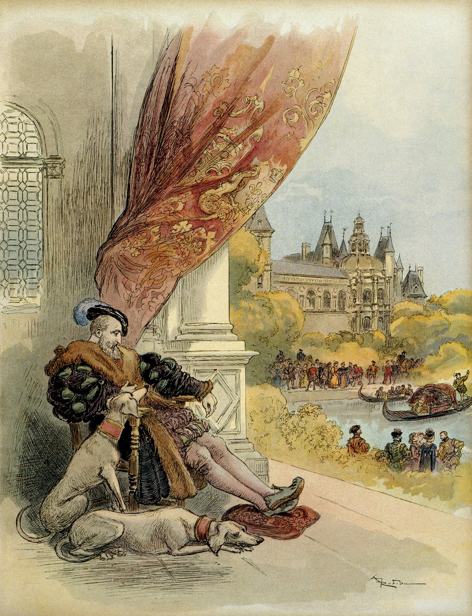 Poslední dny Francoise 1. (1494-1547), na zámku Rambouillet. Ilustrace od Albert Robida