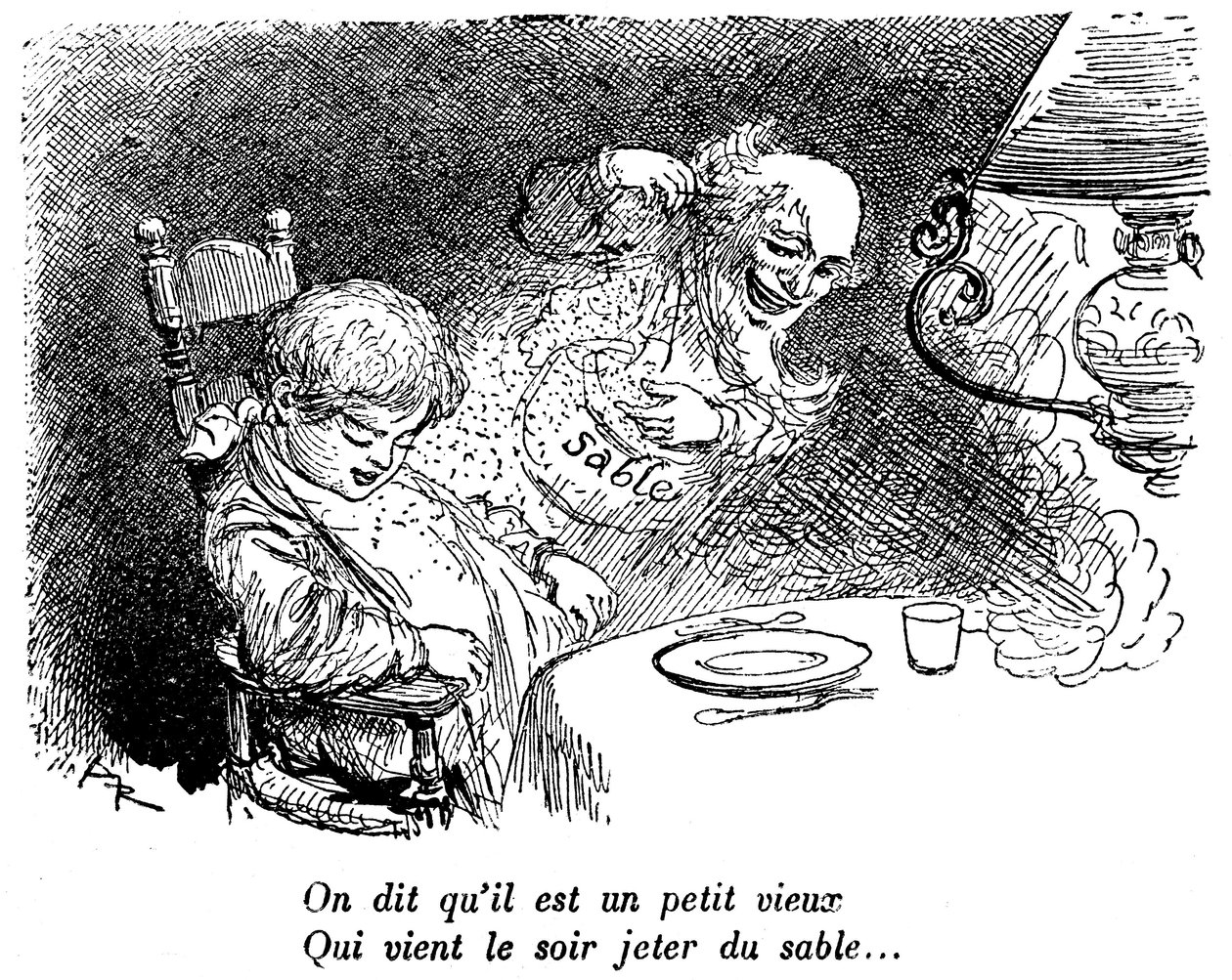 Prošel obchodník s pískem! Dítě spí po jídle. Spát. „“Říkají, že je to malý stařík, který chodí v noci házet písek...“ Kresba Alberta Robidy (1848-1926) v knize dětské četby 1920-1930. od Albert Robida