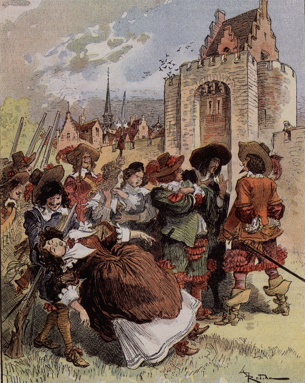 Plachost kapitána Bellormeaua – „“ Madame de Malicorne padla do náruče seržanta““. Postava z knihy Alberta Robidy. Obálka "" Malý Francouz ilustrovaný"" z 20. 1. 1900. od Albert Robida