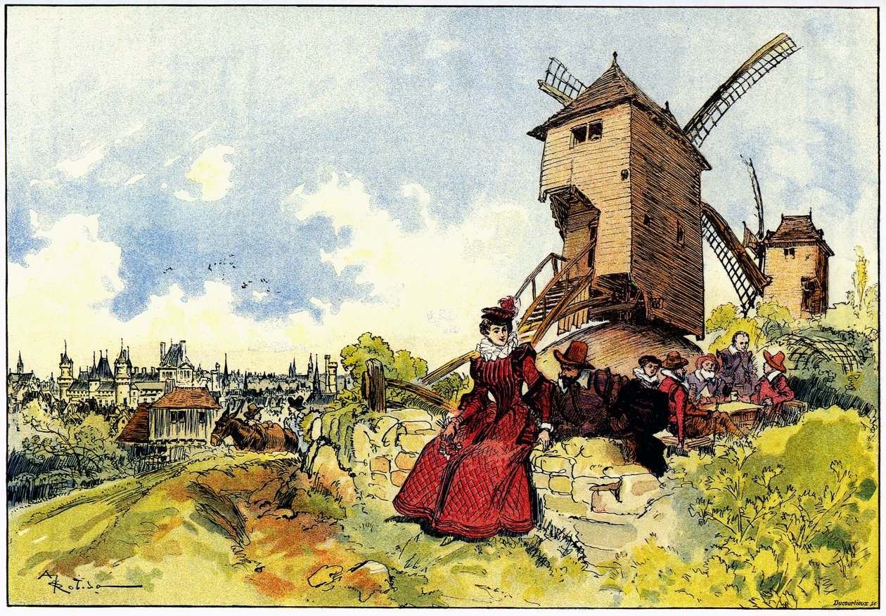 Větrné mlýny na pařížském Butte Montmartre v 16. století od Albert Robida