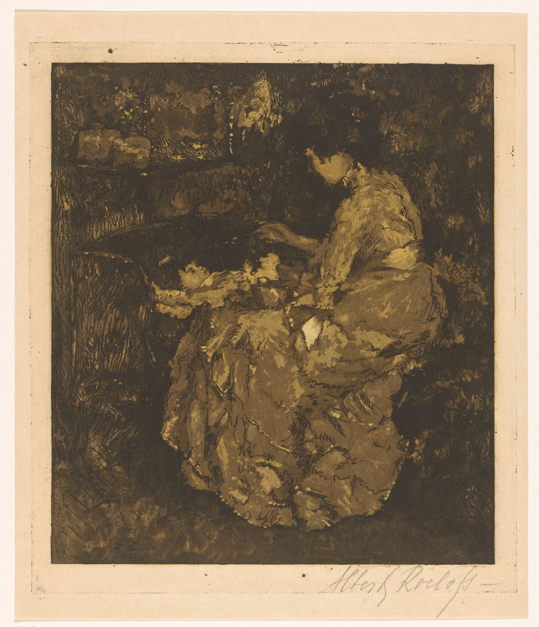 Žena krmení dítěte v postýlce kaše od Albert Roelofs (signed by artist)