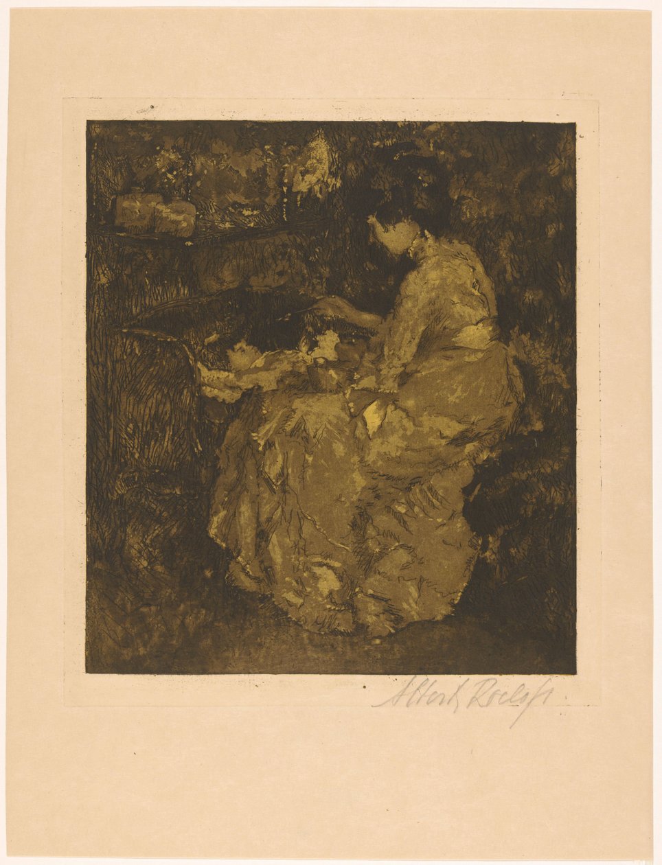 Žena krmení dítěte v postýlce kaše od Albert Roelofs (signed by artist)