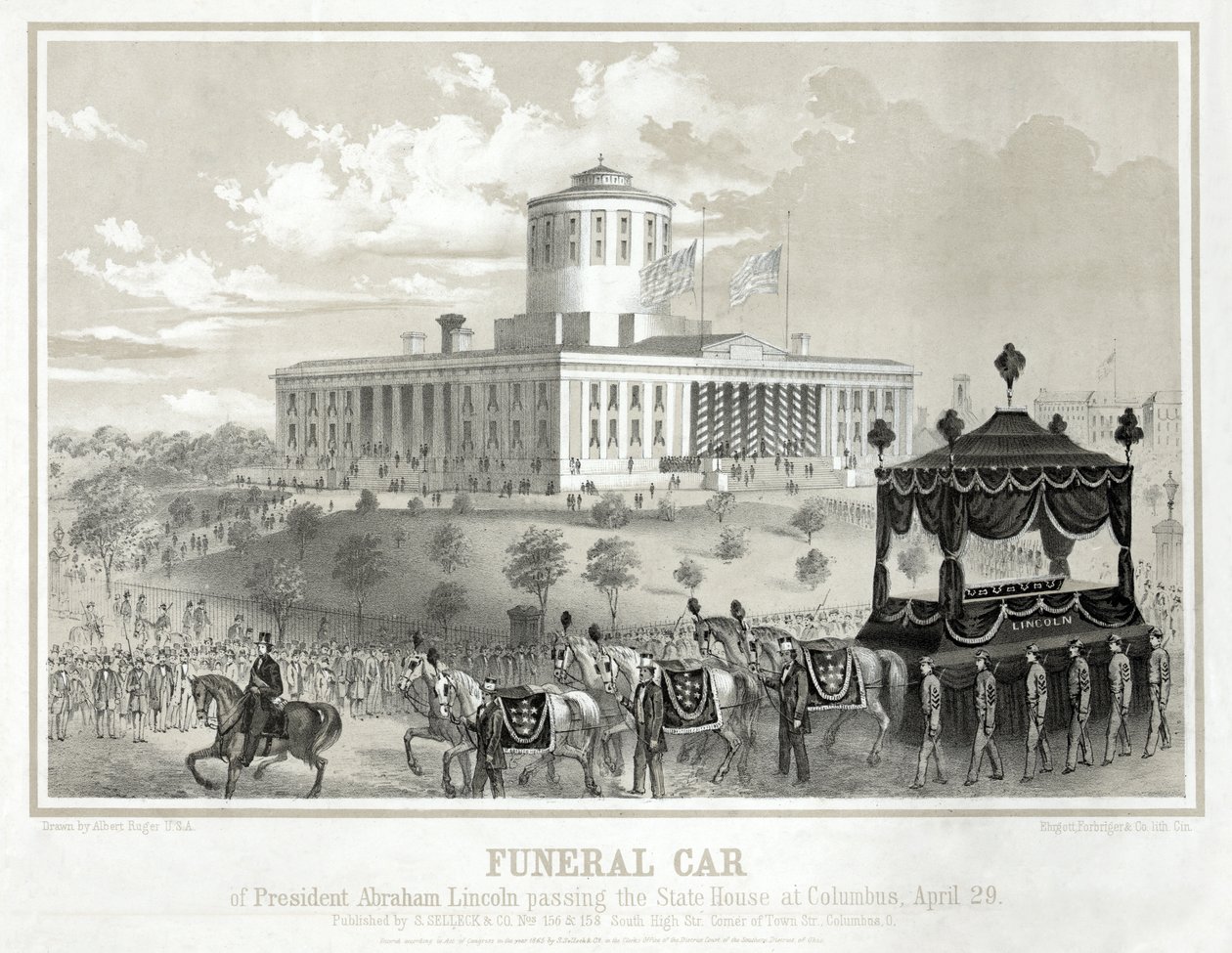 Pohřební vůz prezidenta Abrahama Lincolna kolem State House v Columbusu, 29. dubna, hospoda. 1865 (rytina) od Albert Ruger