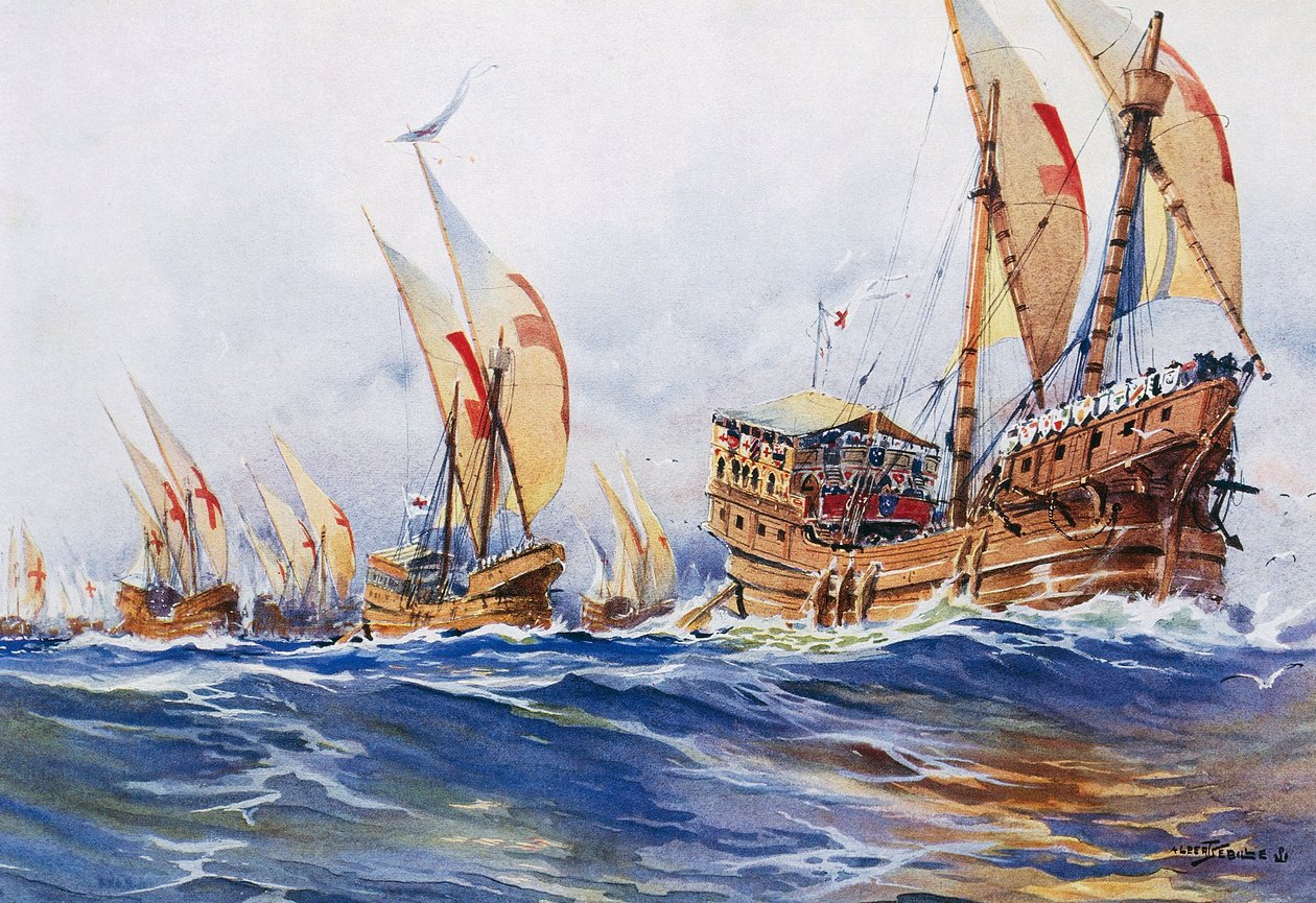 Francouzské lodě krále Ludvíka IX. během osmé křížové výpravy v roce 1268, akvarel, Albert Sebille (1874-1953) od Albert Sébille