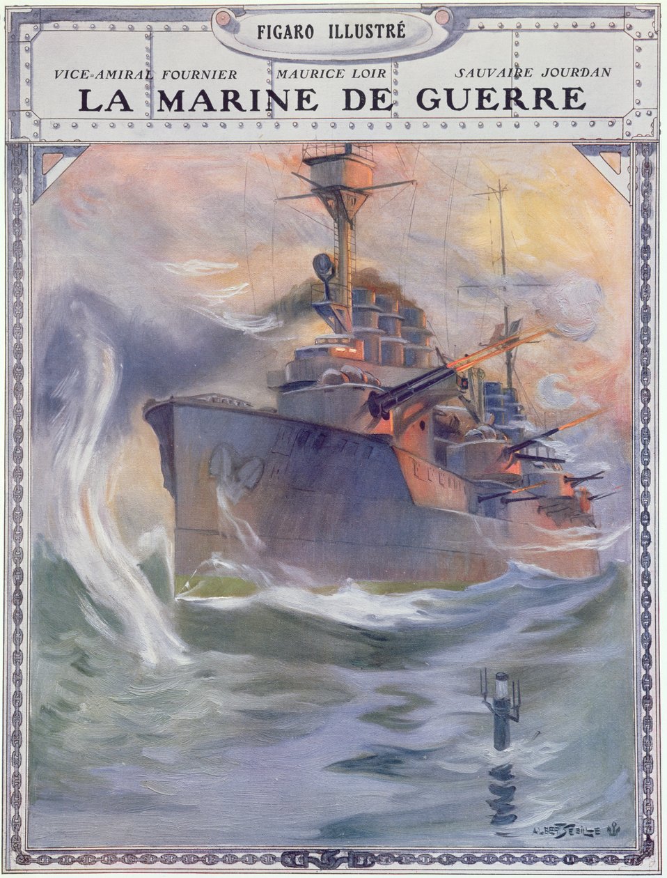 Francouzská válečná loď, ilustrace na obálce knihy "La Marine de Guerre od Albert Sébille