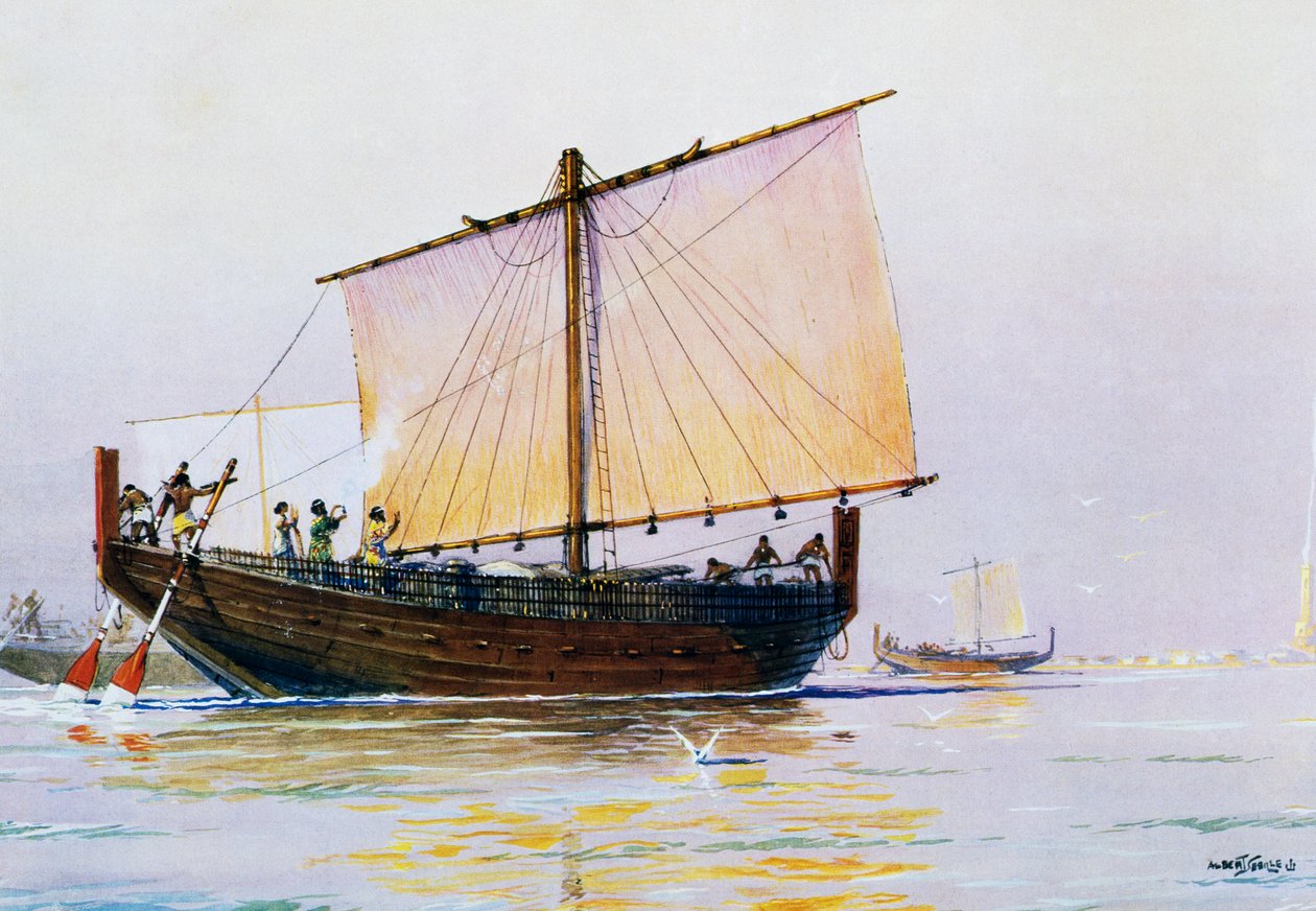 Fénická obchodní loď připlouvající na Faros, akvarel, Albert Sebille (1874-1953), 20. století od Albert Sébille