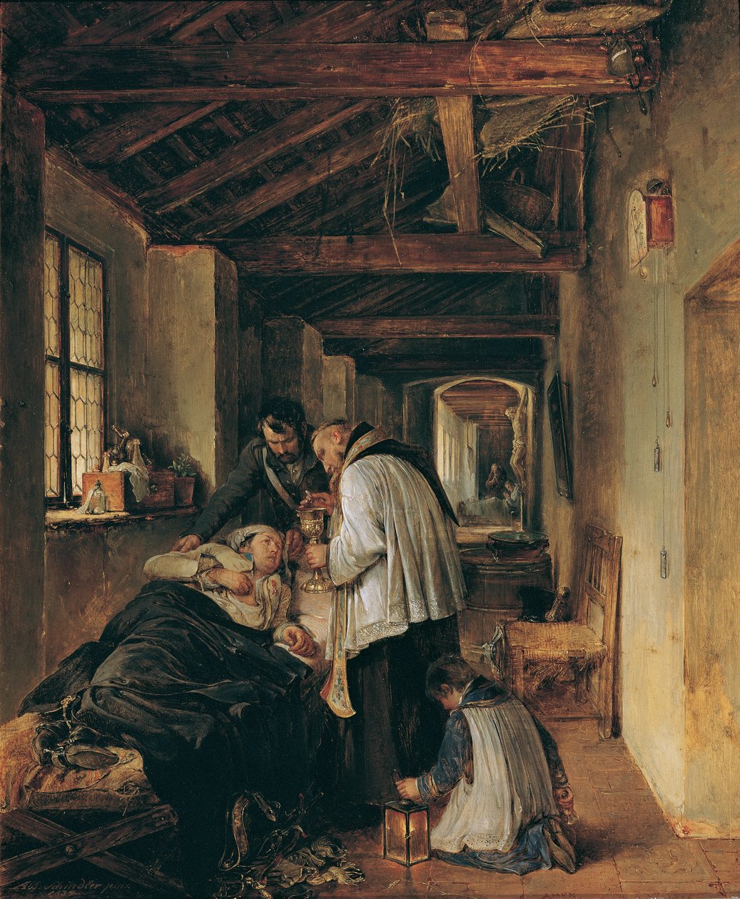 Zraněnému důstojníkovi jsou uděleny poslední obřady od Albert Schindler