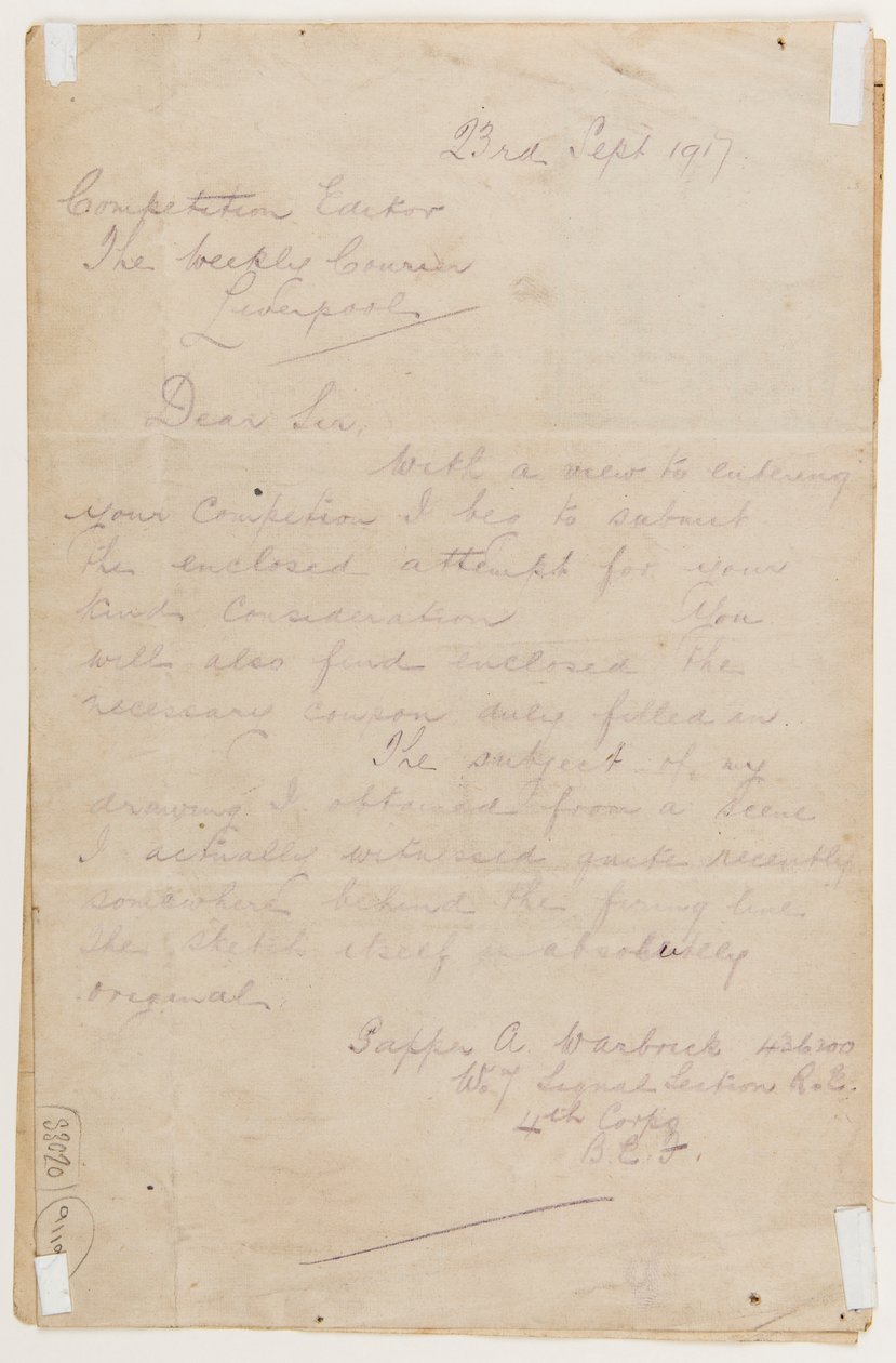 Dopis redaktorovi soutěže, 23. září 1917 od Albert Warbrick
