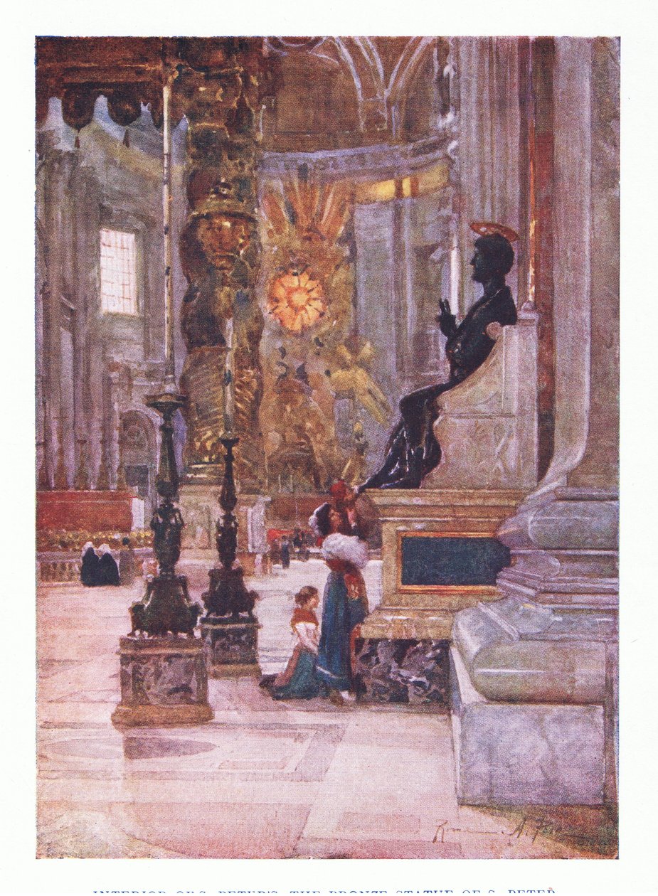 Interiér St Peters, bronzová socha Petra, z Říma publikoval A & C Black Ltd, 1925 od Alberto Pisa
