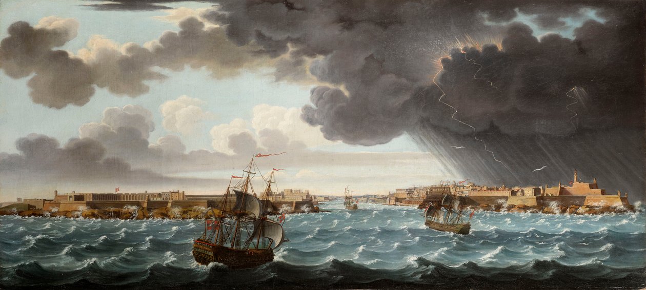 Jeden ze souboru sedmi pohledů na Vallettu, Maltu a její okolí, c.1753 od Alberto Pullicino