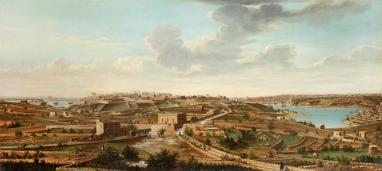 Jeden ze souboru sedmi pohledů na Vallettu, Maltu a její okolí, c.1753 od Alberto Pullicino