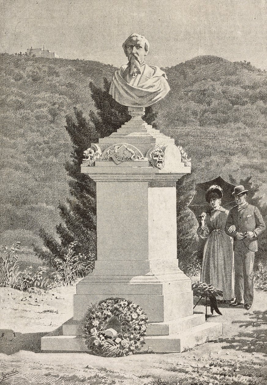 Pomník Paola Giacomettiho (1816-1882) na hřbitově Staglieno, Janov, Itálie, rytina podle kresby Alberta della Valleho, z L