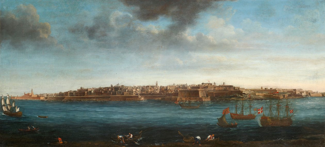 Jeden ze souboru sedmi pohledů na Vallettu, Maltu a její okolí, kolem roku 1753 (olej na plátně) od Alberto Pullicino