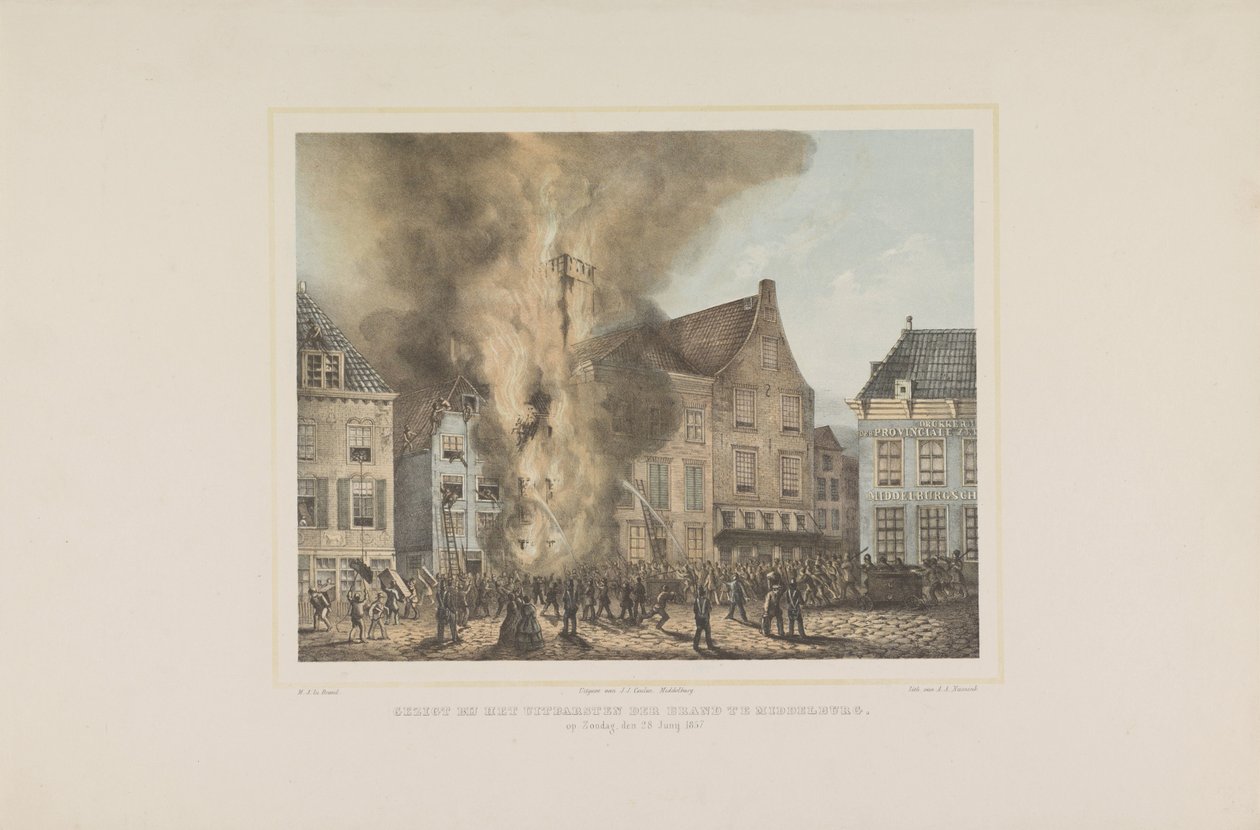 Pohled na vypuknutí požáru v Middelburgu. v neděli 28. června 1857 (název na objektu) od Albertus Anthonius Nunnink