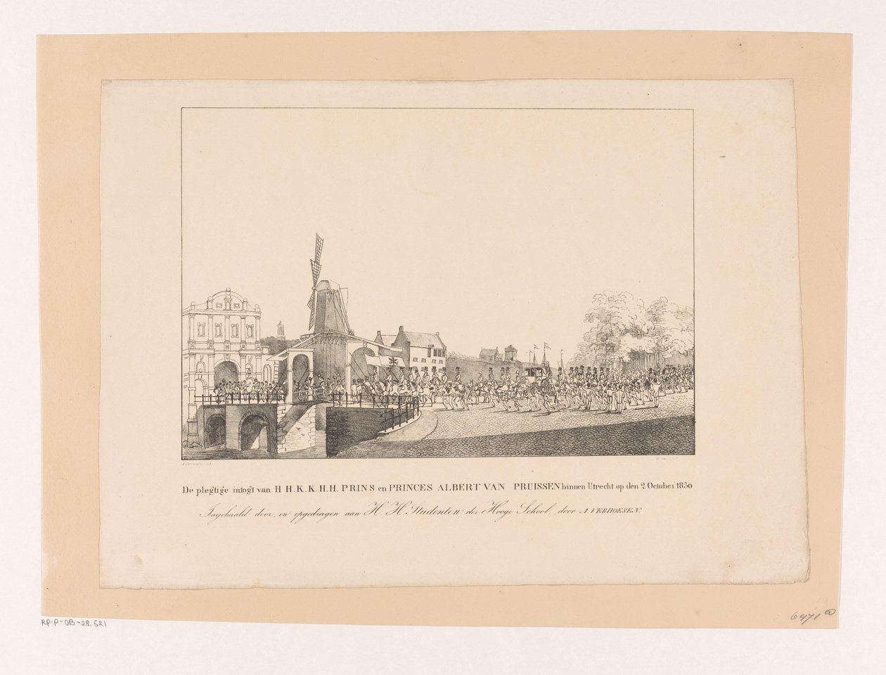 Vstup princezny Marianne a jejího manžela prince Alberta do Utrechtu, 1830 Slavnostní vstup H.H.K.K.H.H. Princ a princ Albert Pruský v Utrechtu 2. října 1830 (titul na předmětu) od Albertus Verhoesen