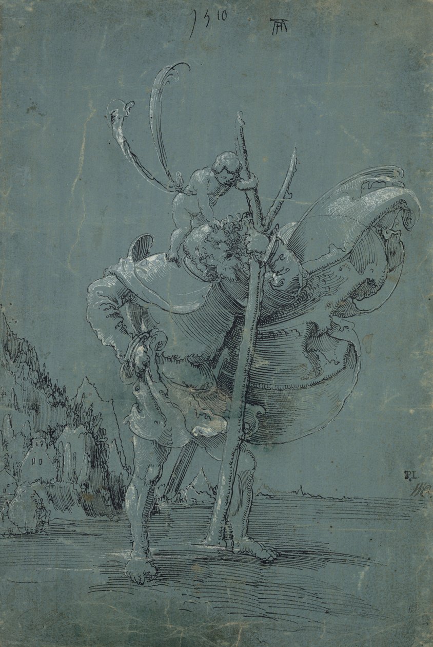 Saint Christopher, 1510 (pero a černý inkoust s bílou tužkou na zeleném modrém papíře) od Albrecht Altdorfer