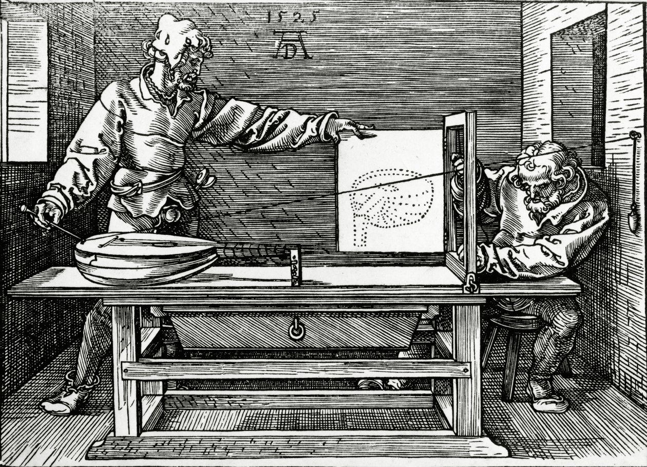 Umělec kreslící loutnu pomocí perspektivního přístroje, ilustrace z Durerových „Čtyř knih o měření“, vydané v roce 1525 od Albrecht Dürer