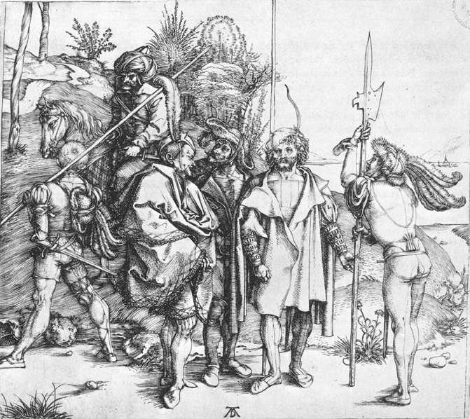 Pět Lansquenetů a Oriental na koni od Albrecht Dürer