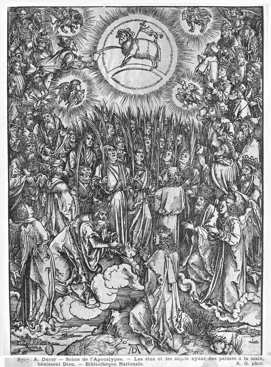 Scéna z Apokalypsy, Adoration of the Lamb, německé vydání, 1498 od Albrecht Dürer