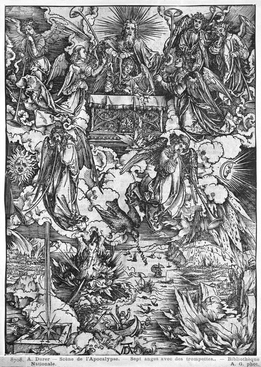 Scéna z Apokalypsy, Otevření sedmé pečeti, Sedm andělů s trubkami, latinské vydání, 1511 od Albrecht Dürer