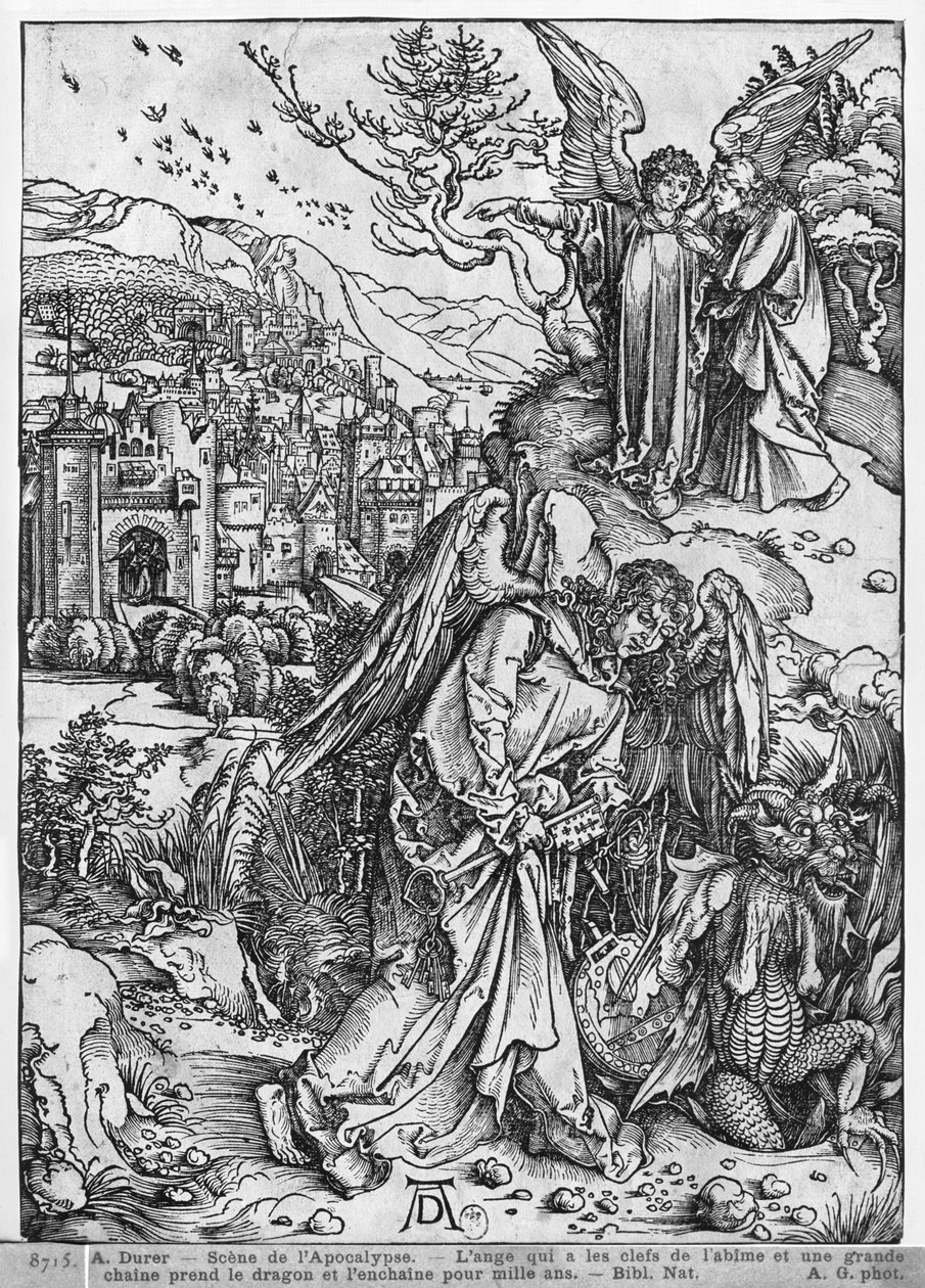 Scéna z Apokalypsy, Anděl držící klíče od propasti a velký řetěz, spoutá draka na tisíc let, latinské vydání, 1511 od Albrecht Dürer