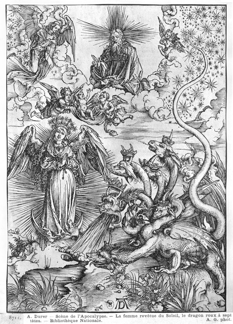 Scéna z Apokalypsy, Žena oděná sluncem a sedmihlavým drakem, latinské vydání, 1511 od Albrecht Dürer
