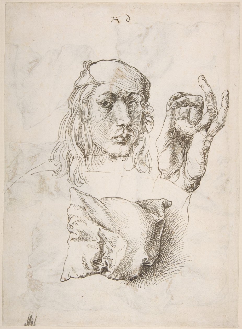 Autoportrét, studie ruky a polštáře od Albrecht Dürer