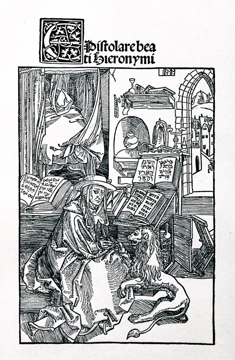 Svatý Jeroným ve své pracovně vytahování trnu z tlapy lva, frontispice ke sbírce dopisů svatého Jeronýma, hospoda. 1492 od Albrecht Dürer