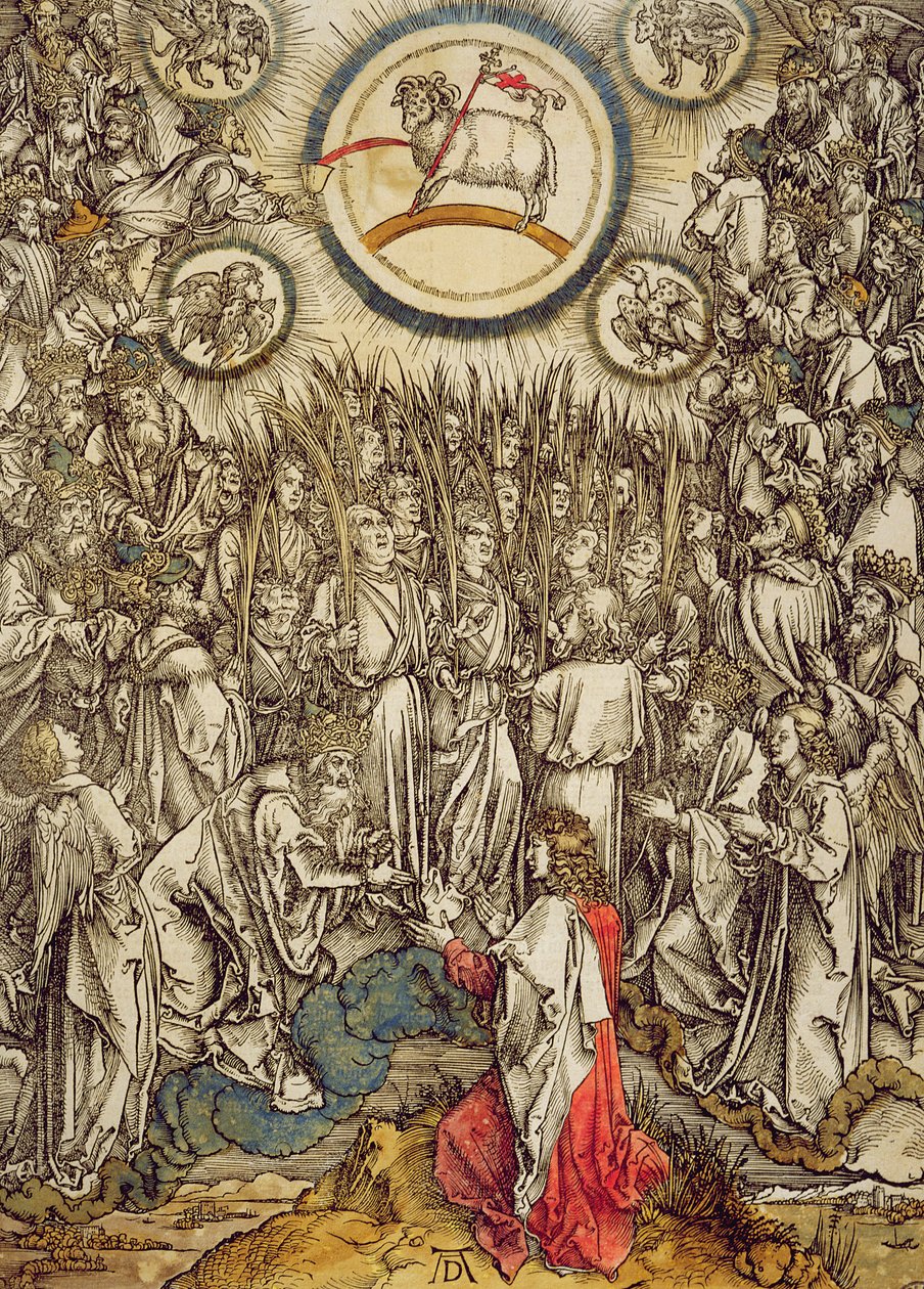 Beránek Boží se zjevuje na hoře Sion, 1498 (barevný dřevoryt) od Albrecht Dürer