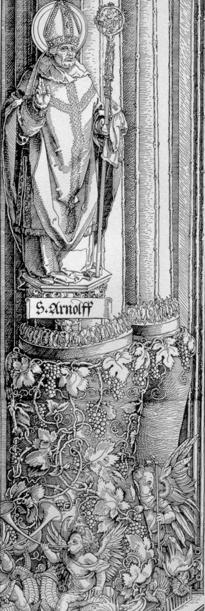 Triumfální oblouk německého císaře Maxmiliána I. (1459-1519): detail sloupu od levé brány se sochou sv. Arnulfa († 643) s vinnou révou pod ní a cherubíny troubícími na trubky, hospoda. od Albrecht Dürer