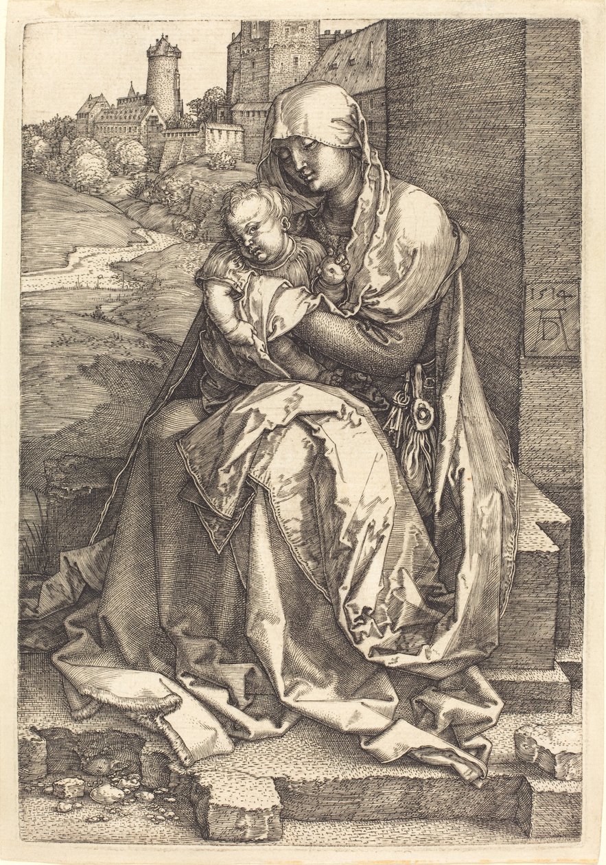 Panna a dítě sedící u zdi od Albrecht Dürer