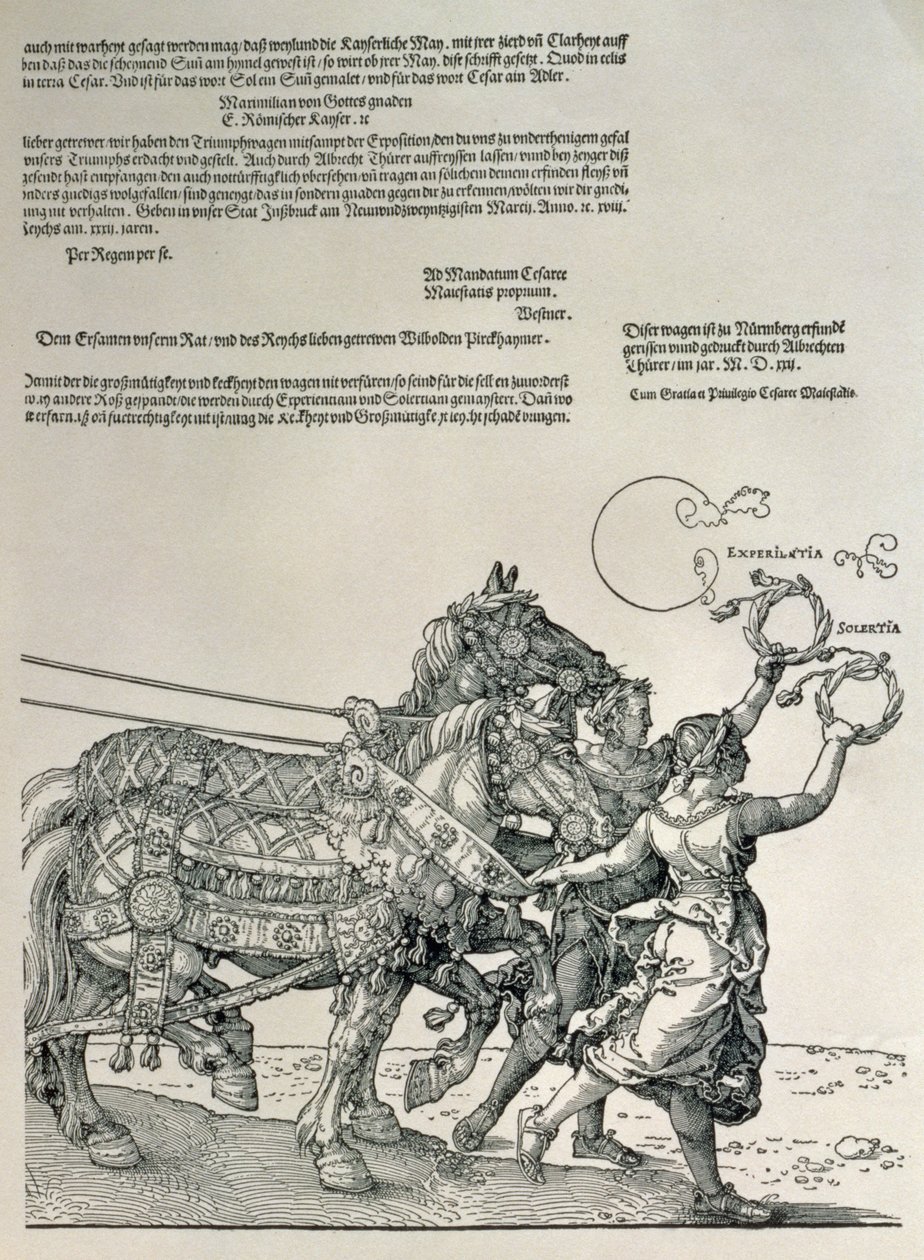 Triumfální vůz císaře Maxmiliána I., císaře německého (1459-1519): detail koňských spřežení, vedený dvěma ctnostmi, pílí a snahou, hospoda. c.1518 od Albrecht Dürer