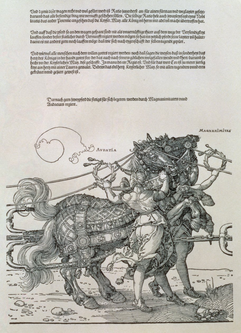Triumfální vůz německého císaře Maxmiliána I. (1459-1519): detail koňských spřežení, vedený dvěma ctnostmi, velkorysostí a odvahou od Albrecht Dürer