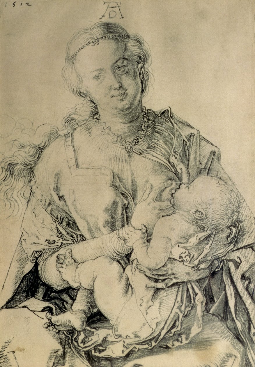 Panna Maria kojící Ježíška, 1512 (kresba uhlem) od Albrecht Dürer