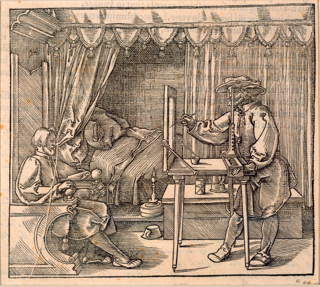 Kreslíř, který kreslí detaily portrétu pomocí perspektivního přístroje pro kreslení na sklo, z knihy Albrechta Dürera "Kurz kreslení", vydané v Norimberku roku 1525 (viz také 2). od Albrecht Dürer