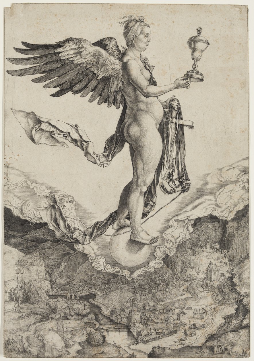 Nemesis, mezi 1501 a 1502 (rytina tištěná černým inkoustem na položený papír) od Albrecht Dürer