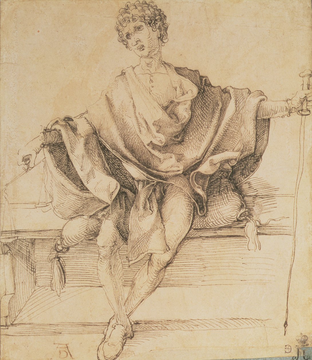 Sedící mladík s váhami a holí, 1498 (pero a inkoust) od Albrecht Dürer