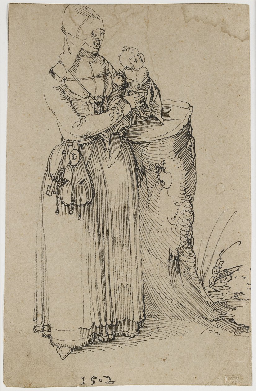Stojící postava ženy držící dítě, 1502 (pero a indická tuš na hnědavém papíře) od Albrecht Dürer