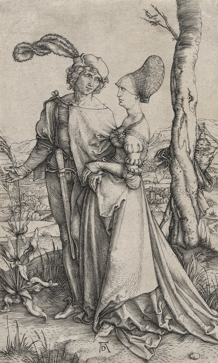 Promenáda nebo mladý pár ohrožený smrtí, c.1498 (rytina na položený papír) od Albrecht Dürer