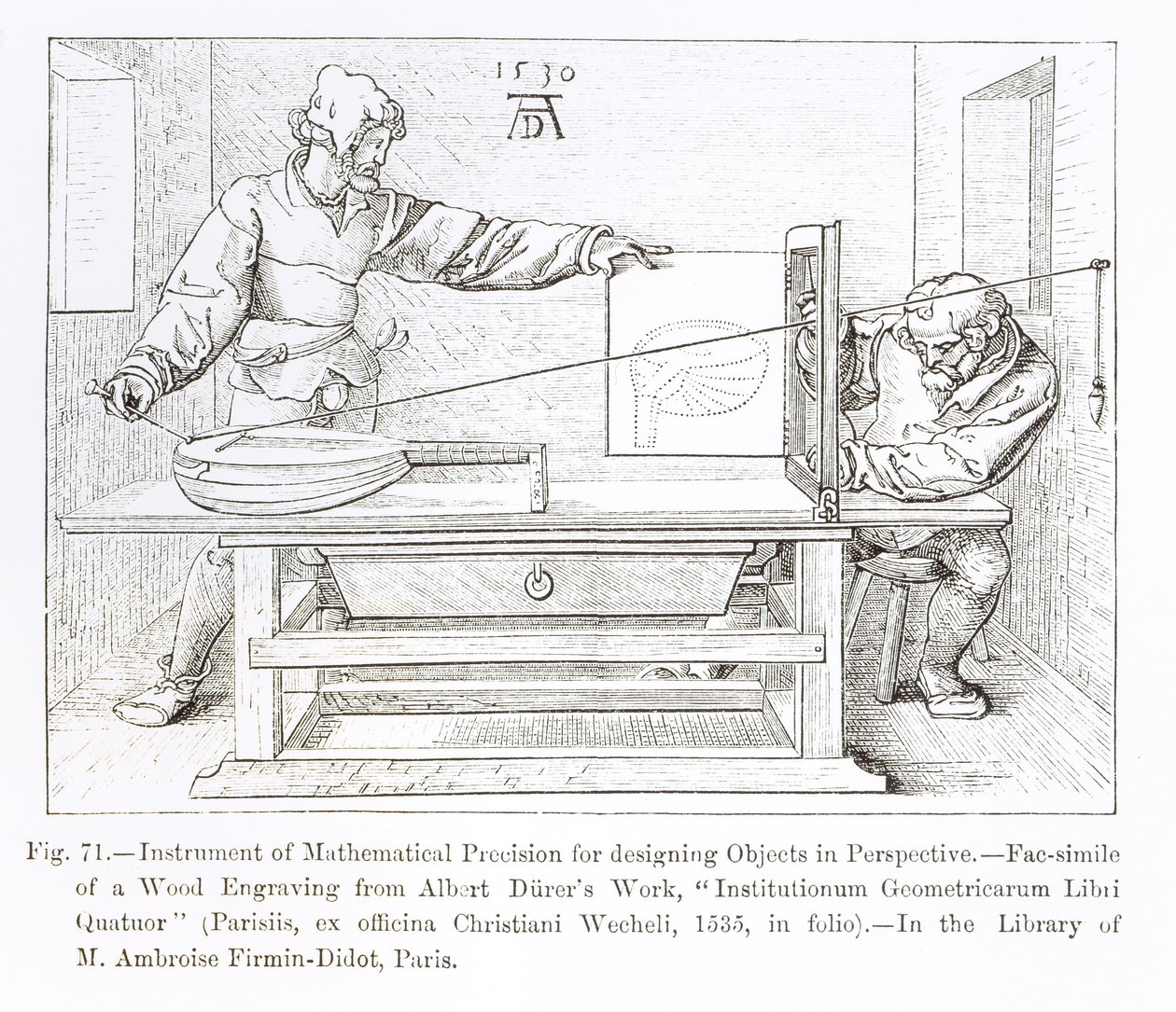 Nástroj matematické přesnosti pro navrhování objektů v perspektivě, 1530 od Albrecht Dürer