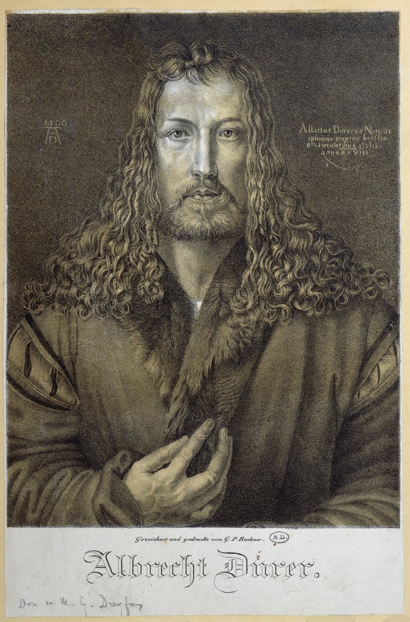 Autoportrét ve věku 28 let, 1500, vyryl G. P. Buchner od Albrecht Dürer