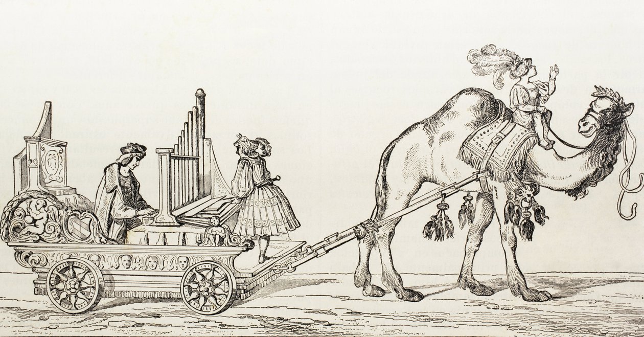 Varhaník Paul Hoffaner hrající v kočáru taženém velbloudem, kolem roku 1880 (rytina) od Albrecht (after) Durer or Duerer
