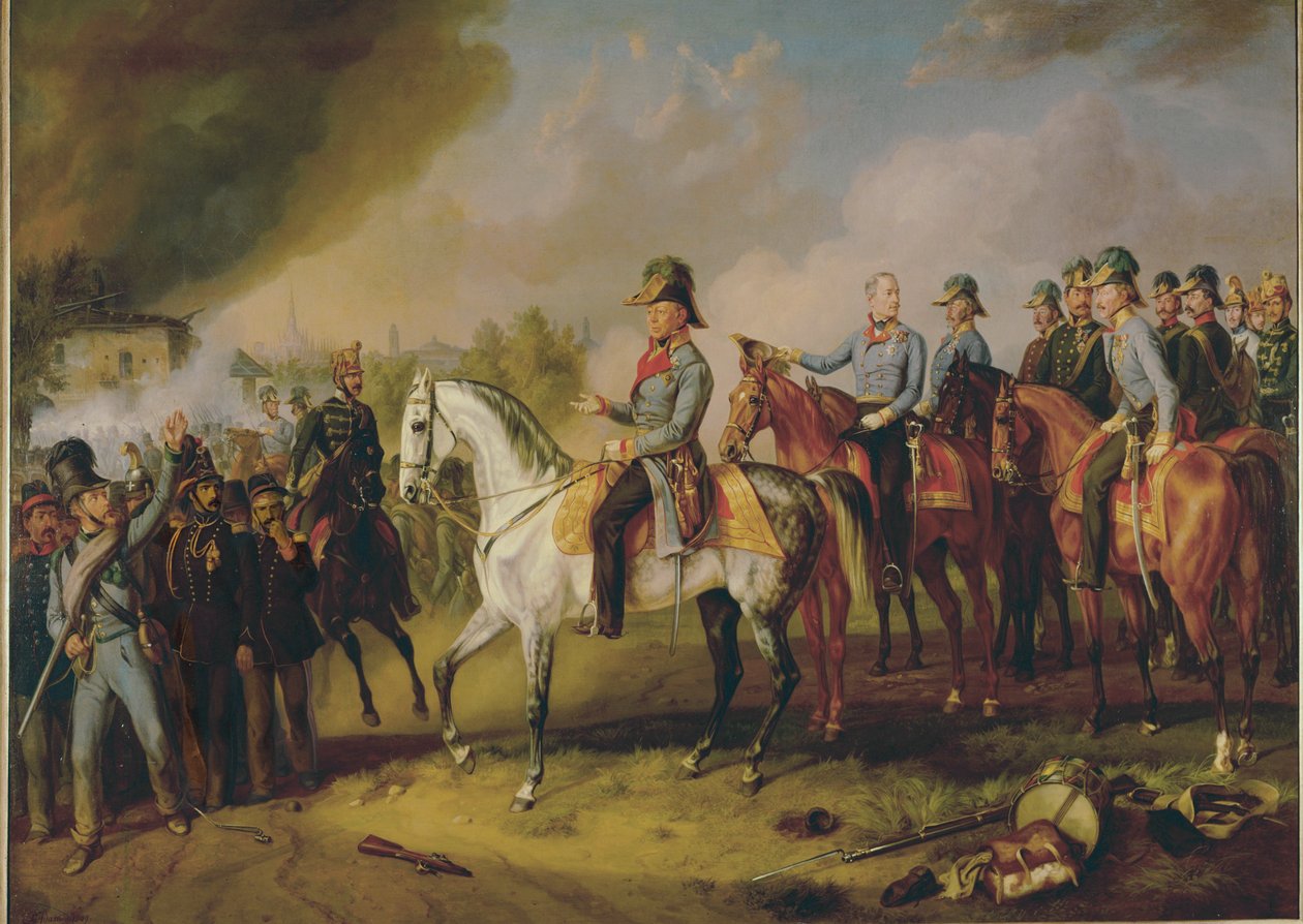 Polní maršál Johann Joseph Wenzel Radetzky a jeho generální štáb před Milánem ... (malba na plátně) od Albrecht Adam