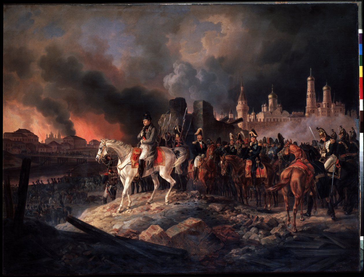 ""Požár v Moskvě dne 15.09.1812"" Guvernér města, hrabě Rostopchin, nechal město zapálit, když vojska Napoleona I. dorazila před Moskvu v plamenech císař Napoleon I. (1769-1821). vpravo rozšiřuje Kreml. malované od Albrecht Adam