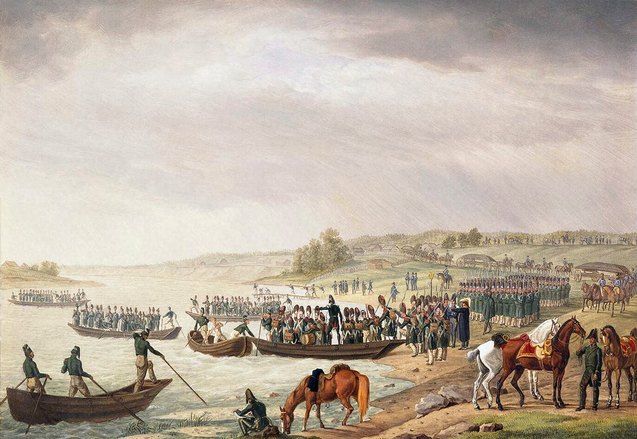 Italský sbor Eugena de Beauharnais překračující Niemen 30. června 1812, 1815. od Albrecht Adam