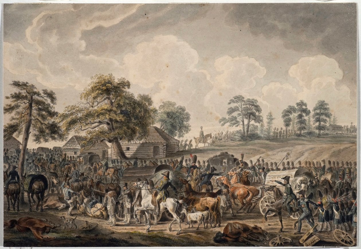 La Grande Armee překročila řeku Daugava (neboli Západní Dvinu) 24. července 1812 (Francouzská armáda překročila řeku Daugava 24. července od Albrecht Adam