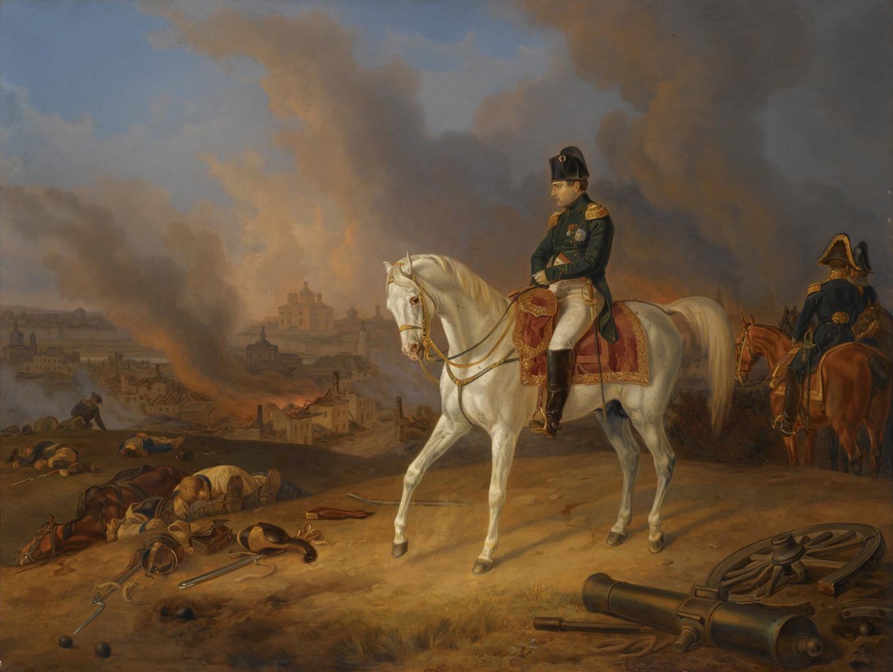 Napoleon Bonaparte před hořícím městem Smolensk od Albrecht Adam