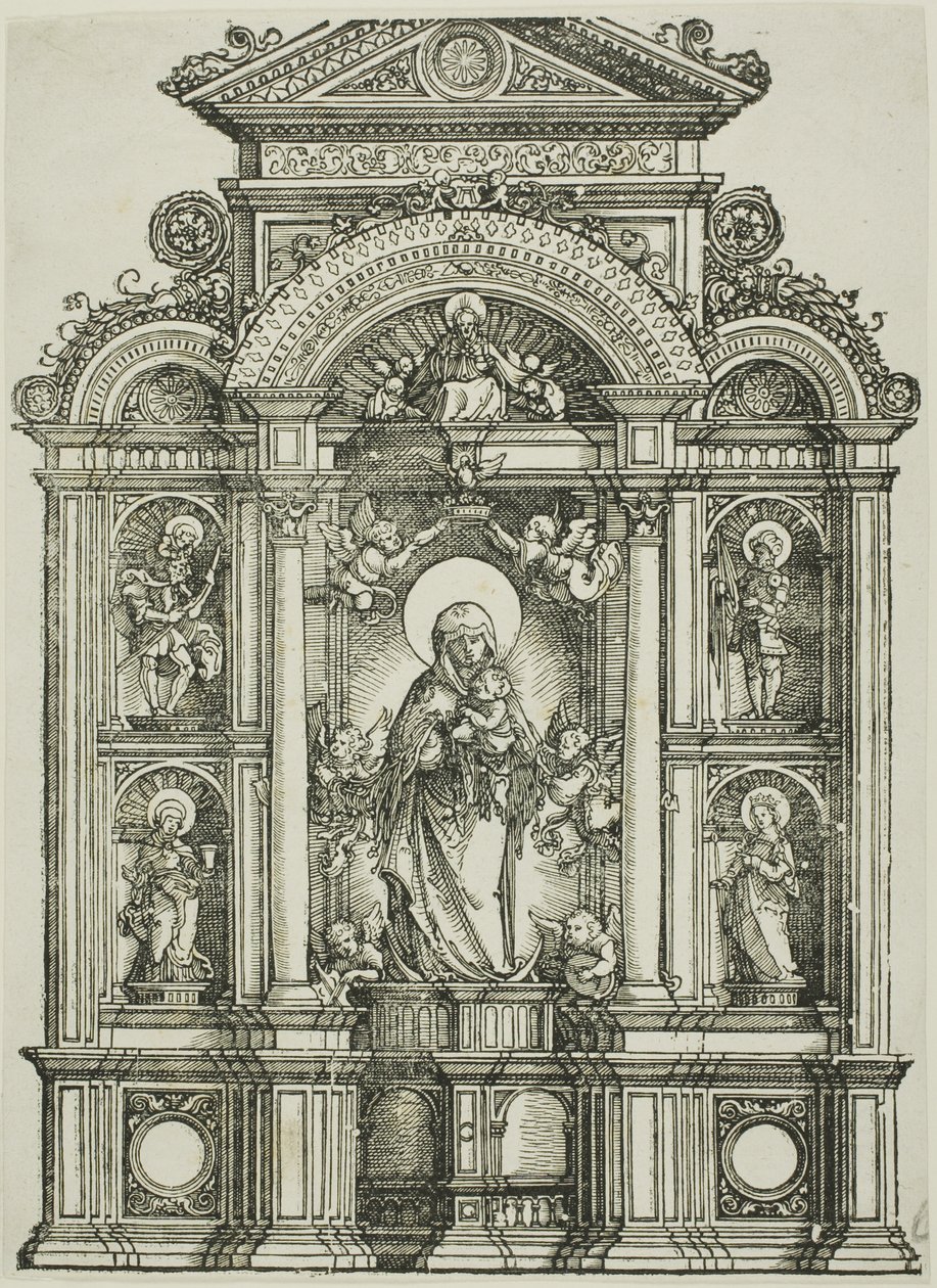 Oltářní obraz s krásnou Pannou Marií Regensburskou a svatými Kryštofem, Marií Magdalenou, Floriánem a Kateřinou stojícími ve výklencích, nad nimiž stojí Bůh Otec od Albrecht Altdorfer